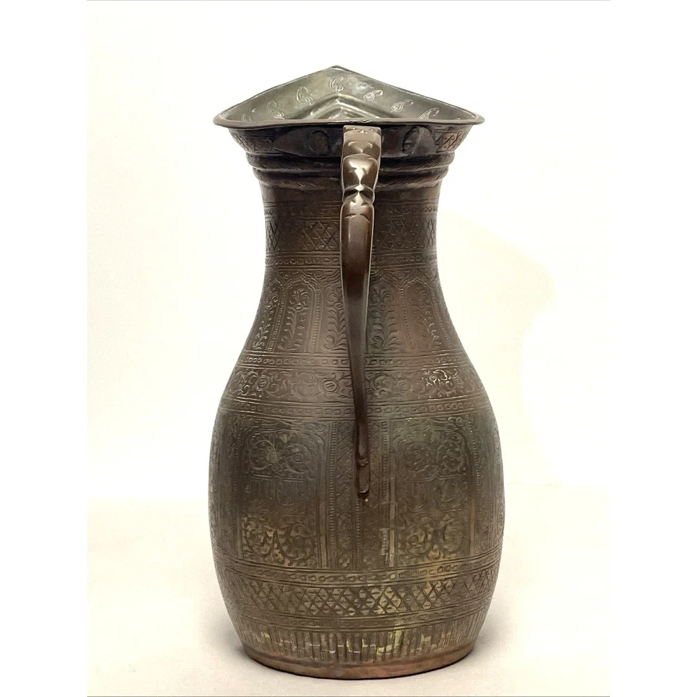 Antique Indo Persian Engraved Copper Ewer Pitcher Jug 12” Heavy 50oz